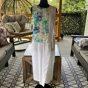 Haris Cotton | White Abstract Floral Linen Sleeveless  Dress